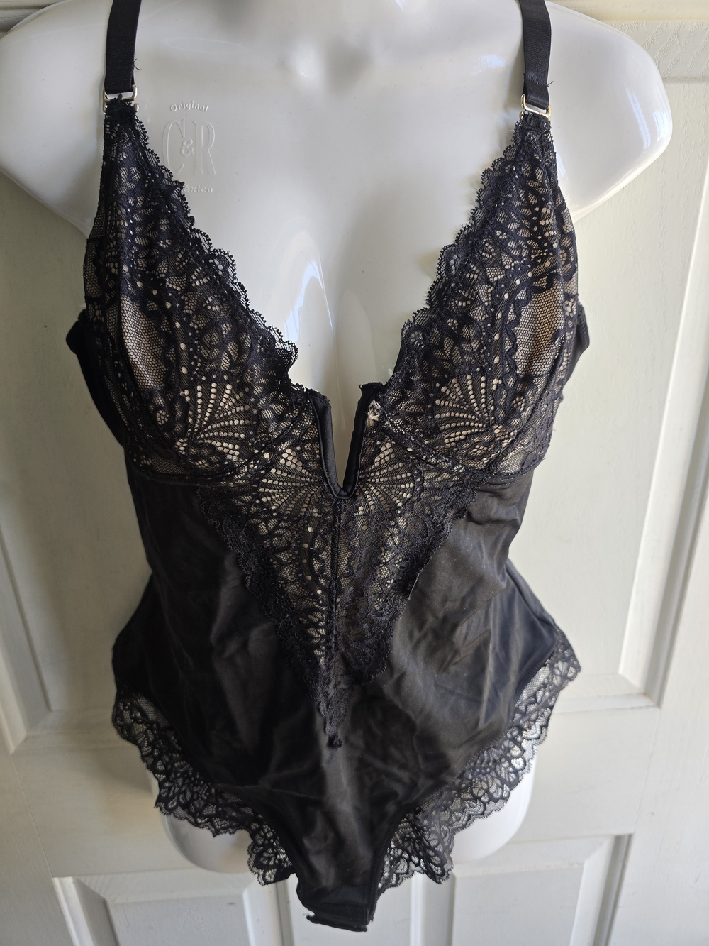 Sheer Lace Plunge Bodysuit - Black